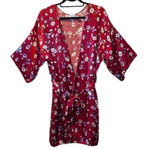 Vintage Satin Robe Womens Large Red Floral Shiny Nancy King Lingerie Made in USA